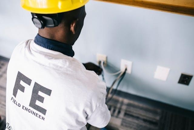 Person wearing a shirt that reads “field engineer” while working with wiring